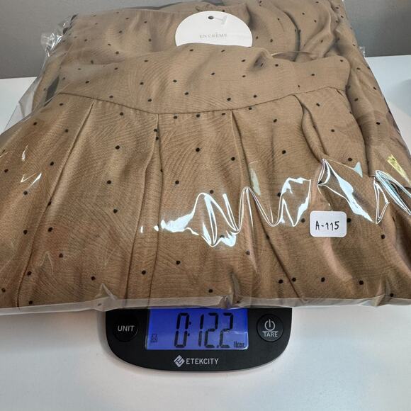 En Crème Polka Dot Shoulder Tie Pleated Wide Leg Jumpsuit: Light Brown / M - Picture 16 of 16